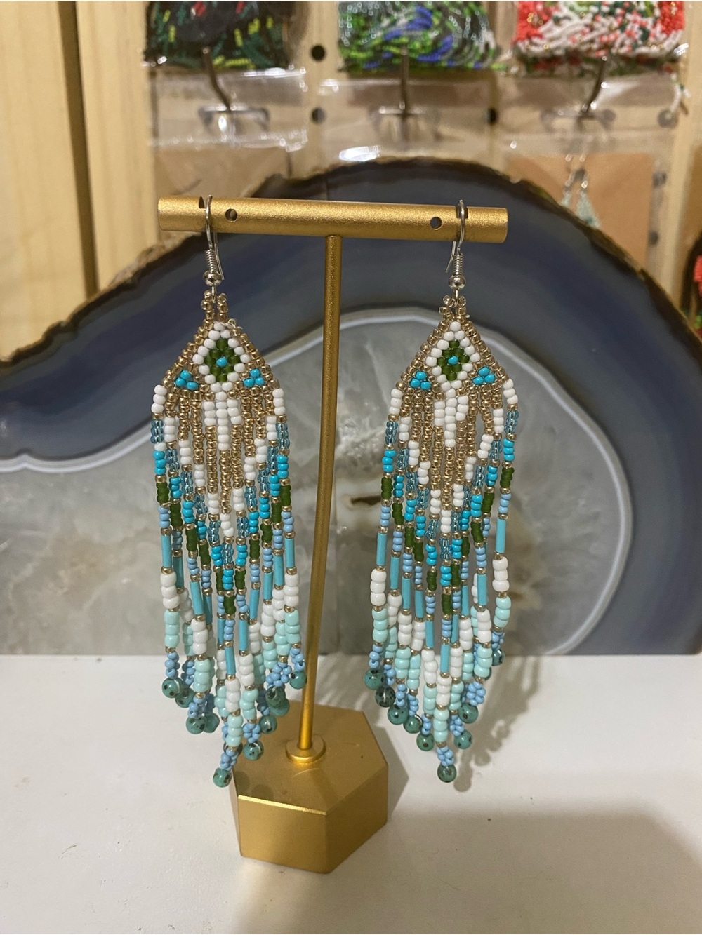 Beaded Fringe Teardrop Earrings in Turquoise and White